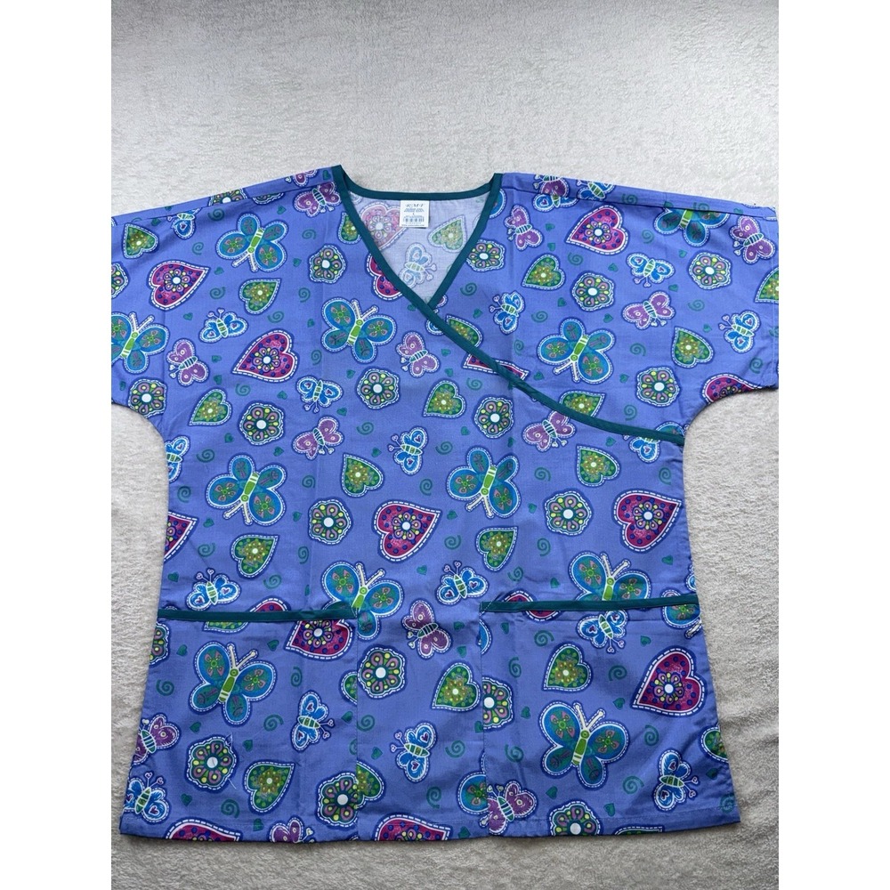 RMF Women's Mock Wrap V Neck Spring Quilt Design Butterflies  Size Large New